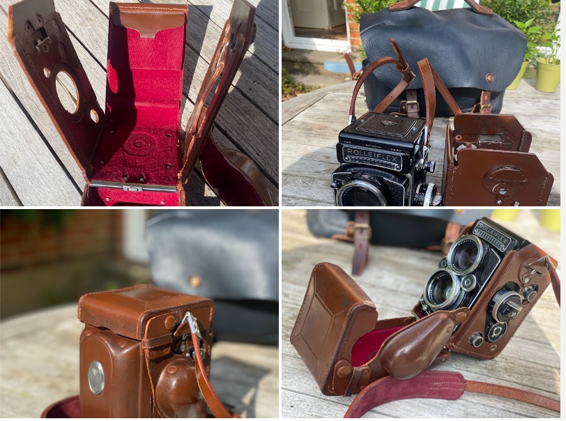 collage of images of repaired rolleiflex camera case