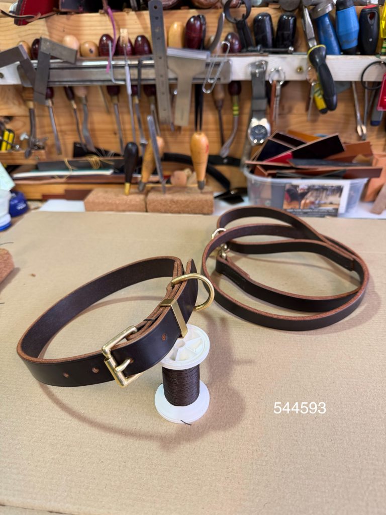 Bespoke Collar and Lead for a Chow Chow. Dark Havanna bridle leather with solid brass fittings